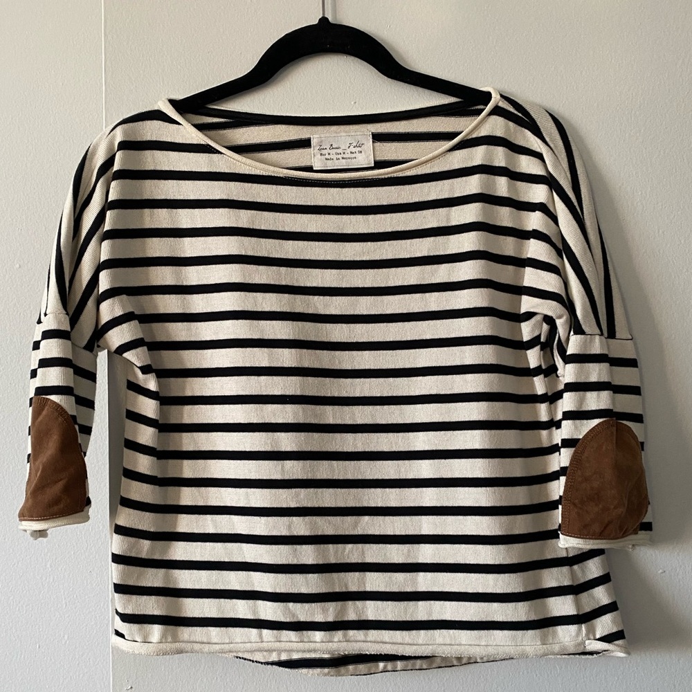 Zara White & Black Striped 3/4 Length Sleeve Cropped Top | M